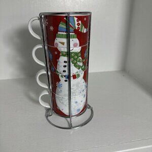 Santa Claus Set 4 Stacking Cups Mugs with Wire Rack Christmas 13” Pier 1